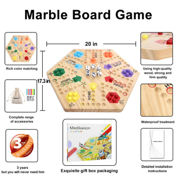 Medikaison Large Size Original Marble Game Solid Wood 20 Inch Wahoo Board Game Double Sided Painted Wooden Fast Track For 6 And 4 Players 6 Colors 24 Marbles 6 Dice For Family Friend