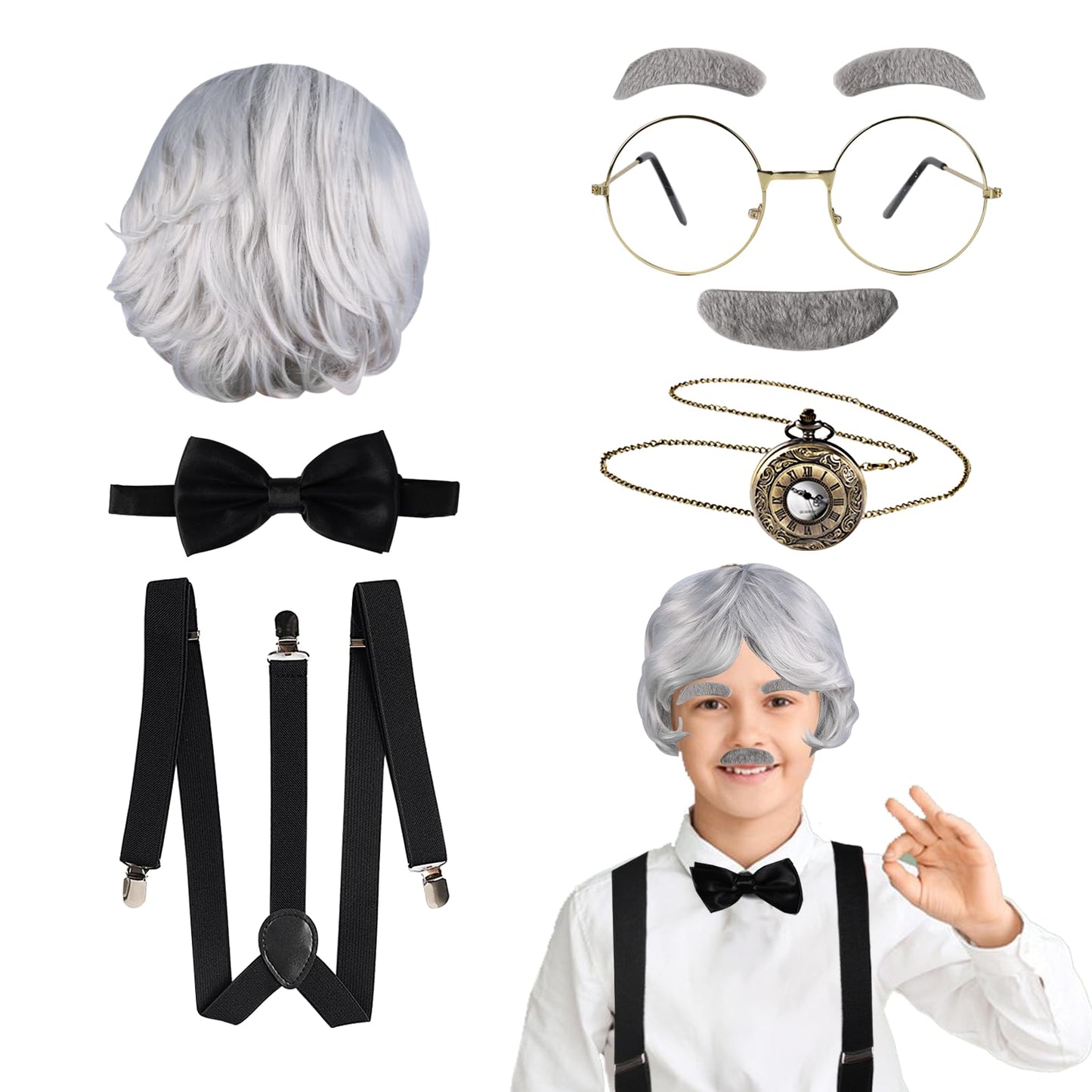 Fraiieon 1920S Old Man Costume Set For Kids - 100Th Day Of School Grandpa Cosplay Accessories (Wig, Glasses, Bow Tie, Suspenders