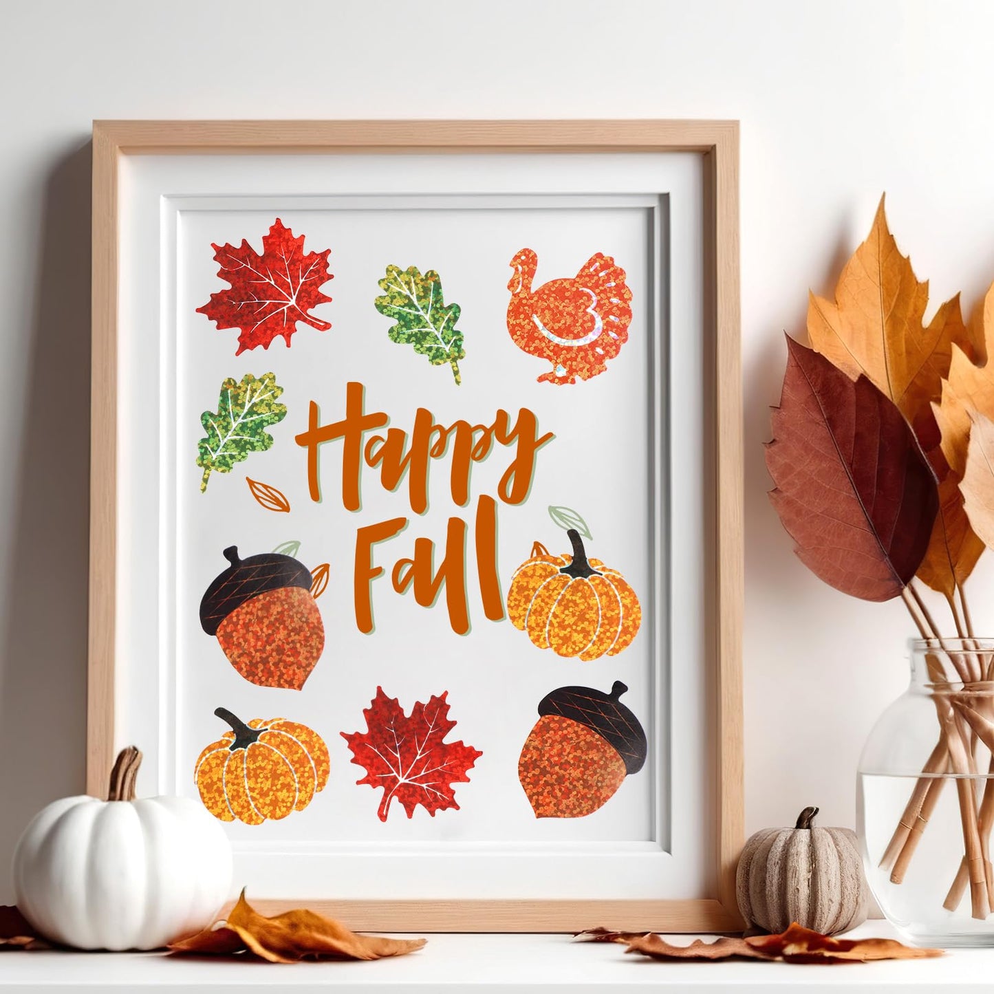 Feifeiya 500 Pcs Fall Thanksgiving Stickers Roll Laser Turkey Maple Leaf Acorn Decals 1.5 Inch Waterproof Self Adhesive Sparkly