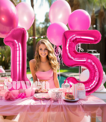 Suwen 40 Inch Hot Pink Large 15 Number Balloons Big Foil Helium Number Balloons 0-9 Jumbo Happy 15Th Mylar Birthday Party Decora