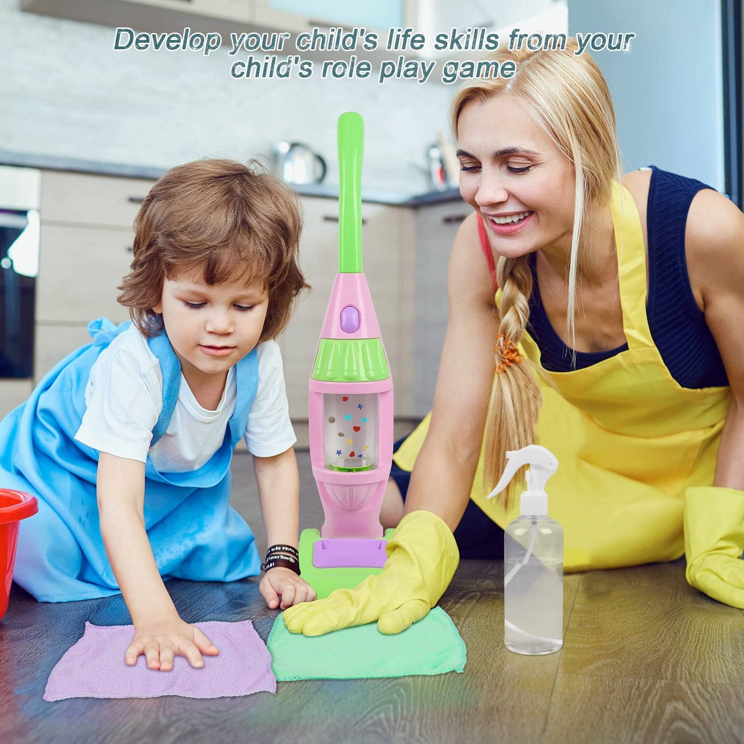 Kids Vacuum Cleaner Toy For Toddler, Pink Toy Vacuum Cleaner With Light & Realistic Sounds, Pretend Role Play Household House Ke