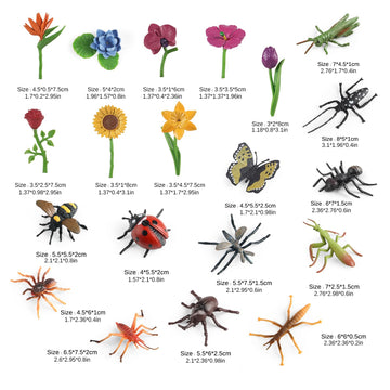 Insect Plant Figures Toys 20Pcs, Realistic Plastic Bugs Flower Figurines With Ladybug Bee Butterfly Ant Cricket Mantis Scorpion