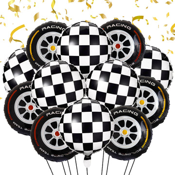 Stcomart 18 Inch Race Car Wheel Balloons, Black And White Checkered Balloons For Birthday Party, Race Car Theme Party, 12 Pcs