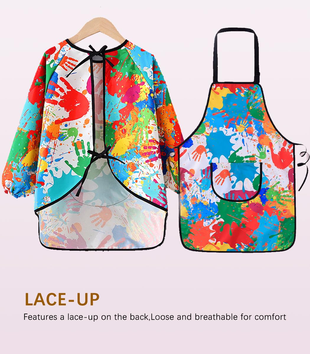 Miniq Kids Art Smock And Painting Apron Kit,Waterproof Artist Smocks With Pocket Long Sleeves And Aprons For Age 5-8