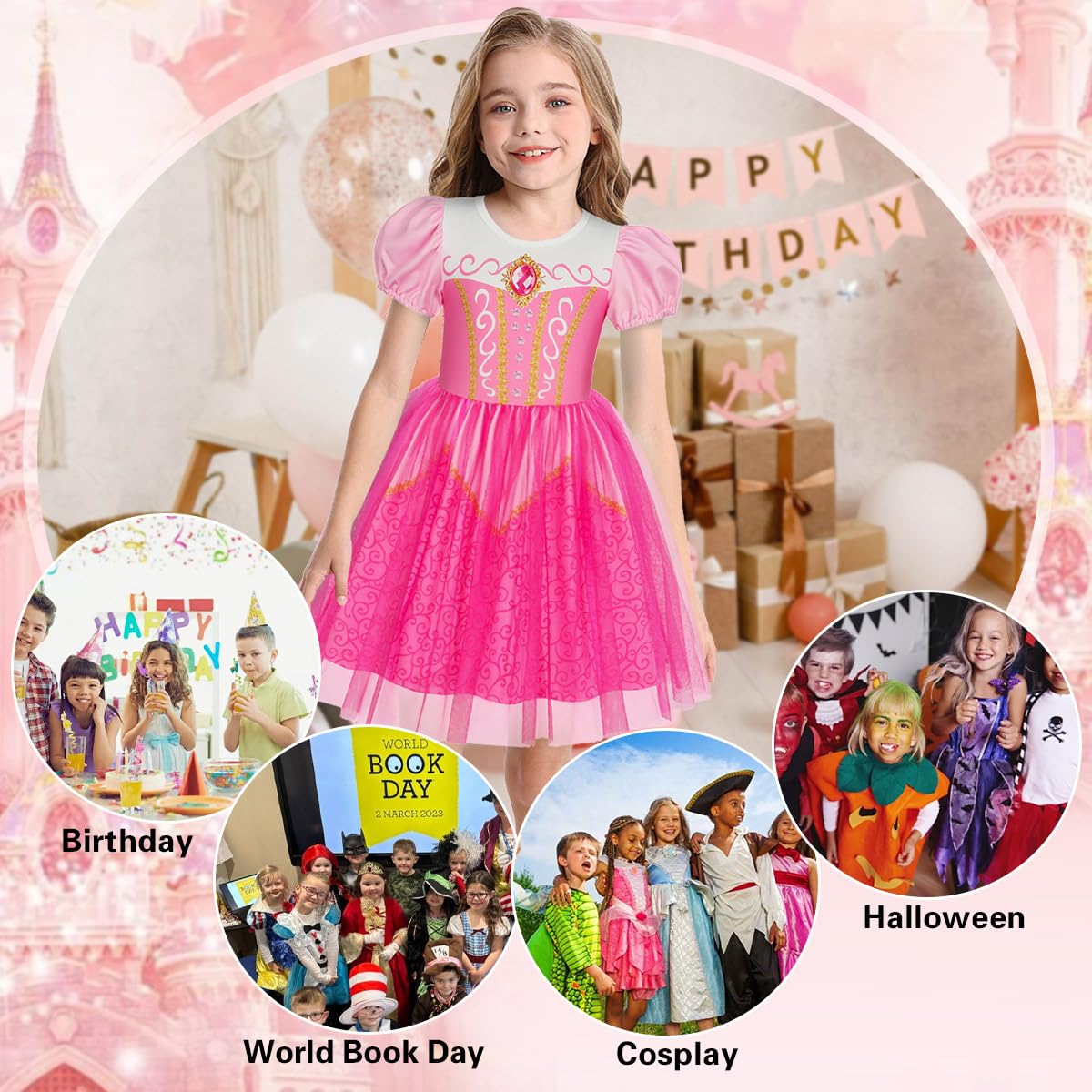 Benylion Princess Dress Pink Princess Dresses For Girls Toddler Dress Up With Accessories Cosplay Party For Kid 8-9Years Old Pri