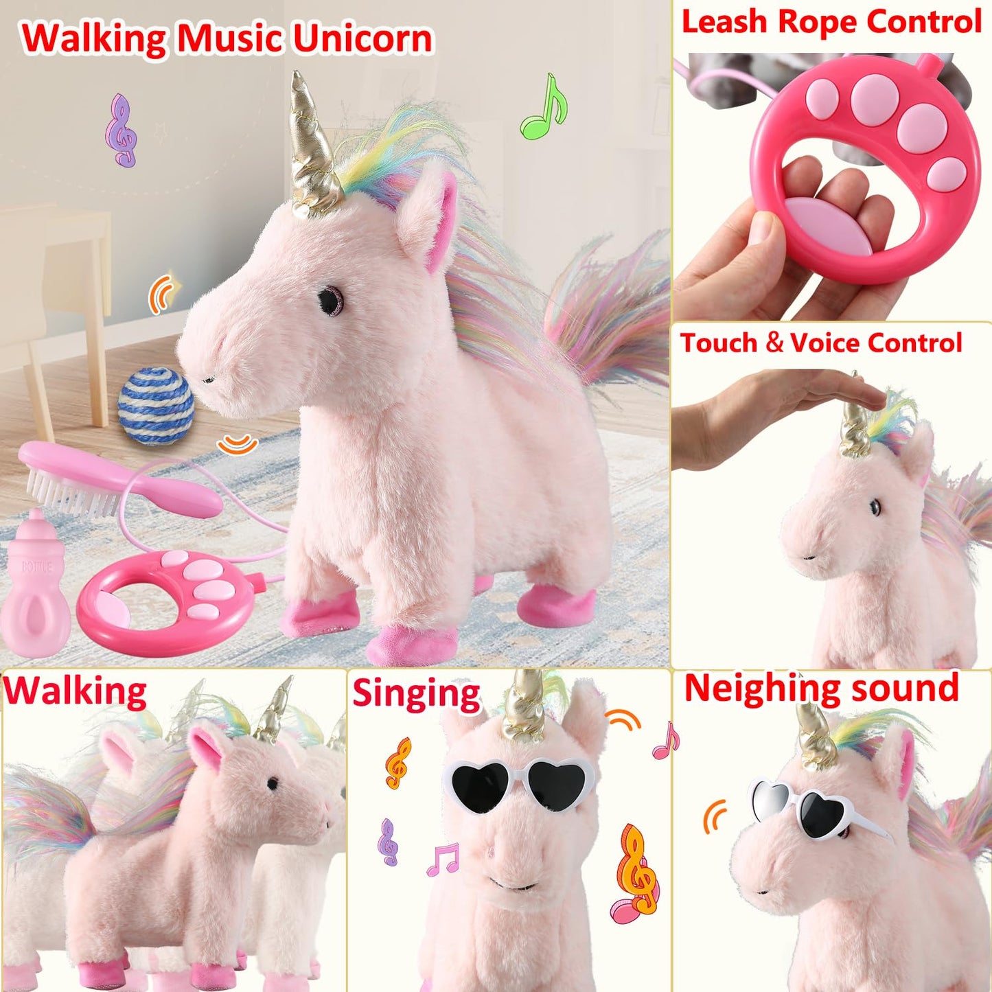 Pink Walking Unicorn Toy Set Singing Dancing Electronic Plush Unicorn With Control Leash, Realistic Footsteps Nodding Tail Wagging Pretend Dress Up Cute Wings Animated Stuffed Unicorn Gift For Girl