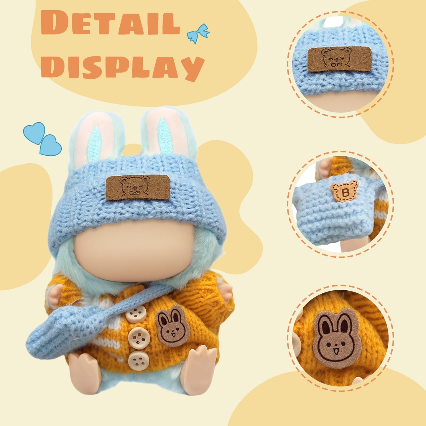 Clothes for 17cm Doll (NO Doll)  Handcrafted Crochet Outfits for 17cm Dolls with Accessories Boy and Girl 6-Piece Clothes Set  Cute Stylish Clothing with hat and Bag for Dolls Dress up (Yellow)