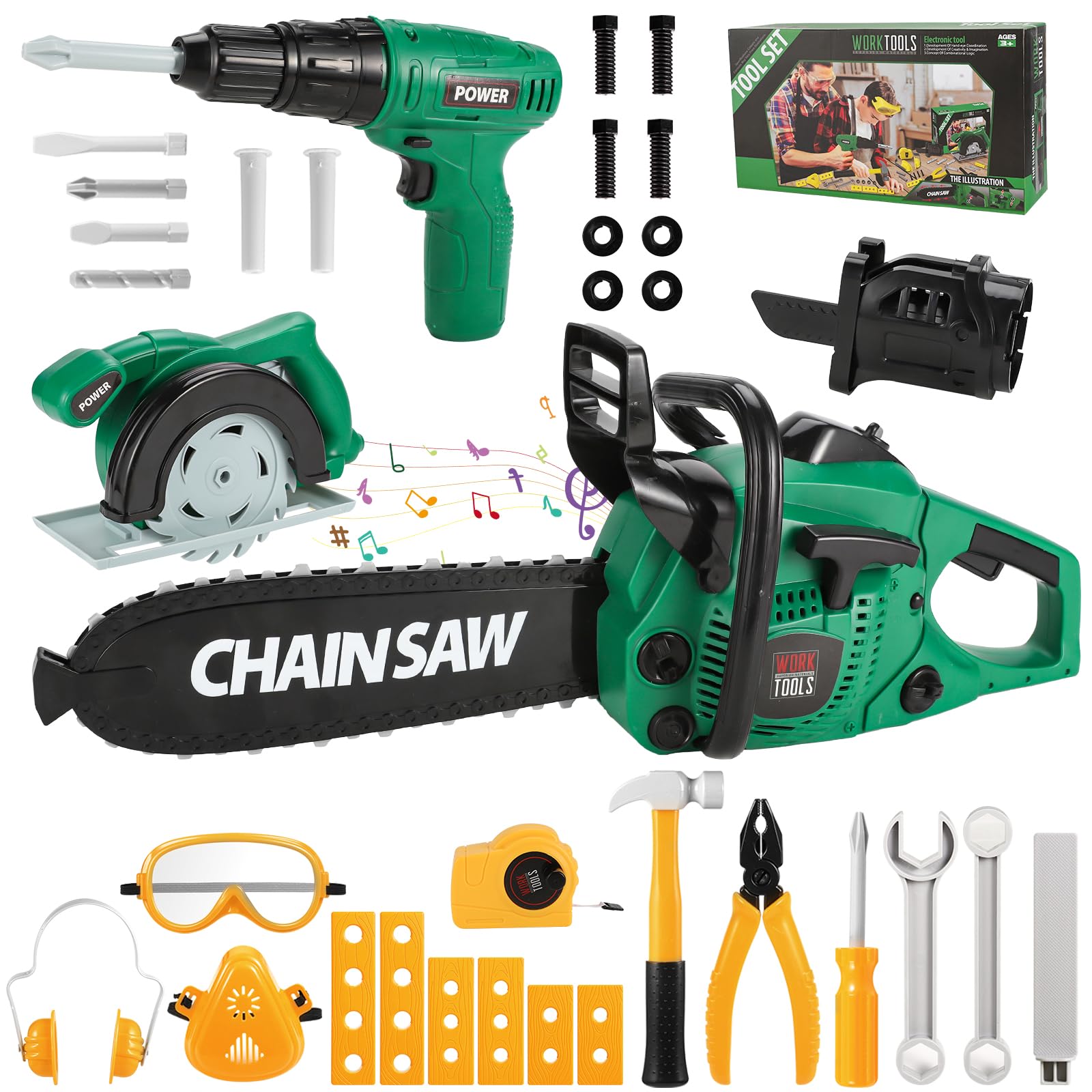Mathea Kids Tool Set, Toddler Tool Set, Pretend Play Kids Construction Drill Toys for Kids with Electronic Chainsaw Toys & Kid D
