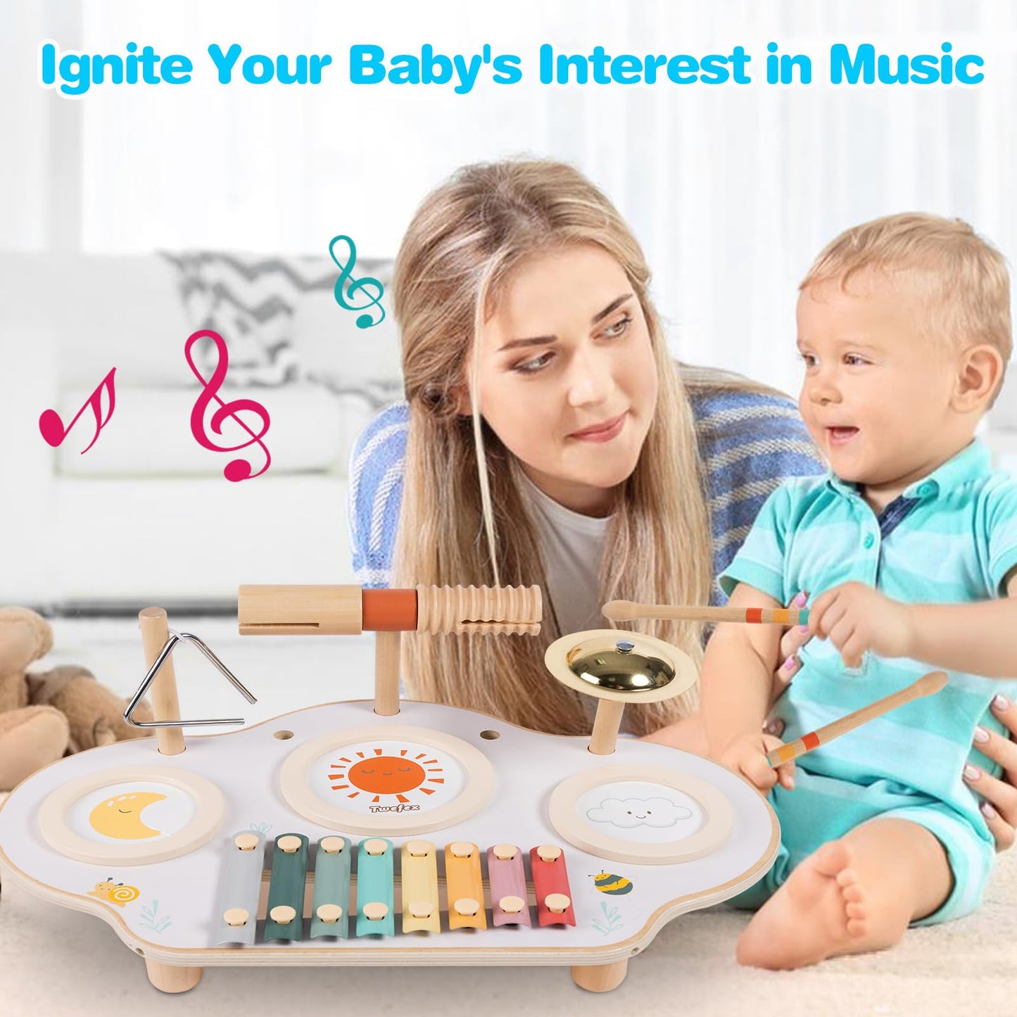 Twefex Kids Drum Set - 9 In 1 Baby Drum Set For Toddlers - Montessori Musical Instruments Toy For Babies - Wooden Xylophone Musi