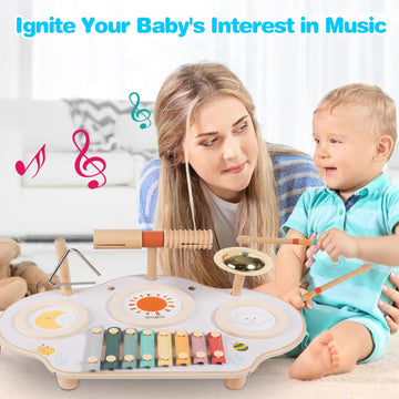 Twefex Kids Drum Set - 9 In 1 Baby Drum Set For Toddlers - Montessori Musical Instruments Toy For Babies - Wooden Xylophone Musi