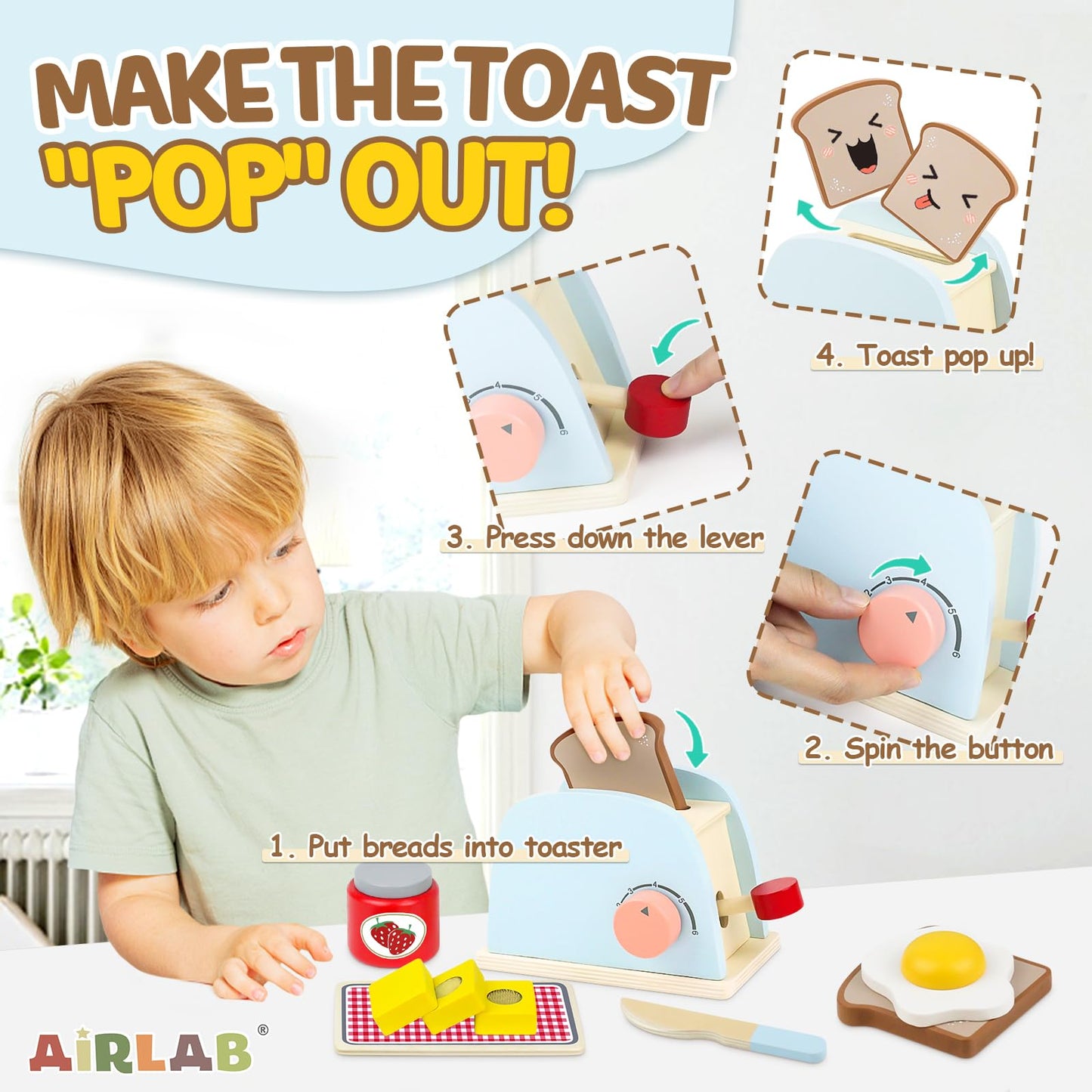Airlab Play Kitchen Accessories Toddlers 1-3 Wooden Pop-up Toaster Toy Play Food Kids Age 1 2 3, Bread, Butter, Poached Egg Cutt
