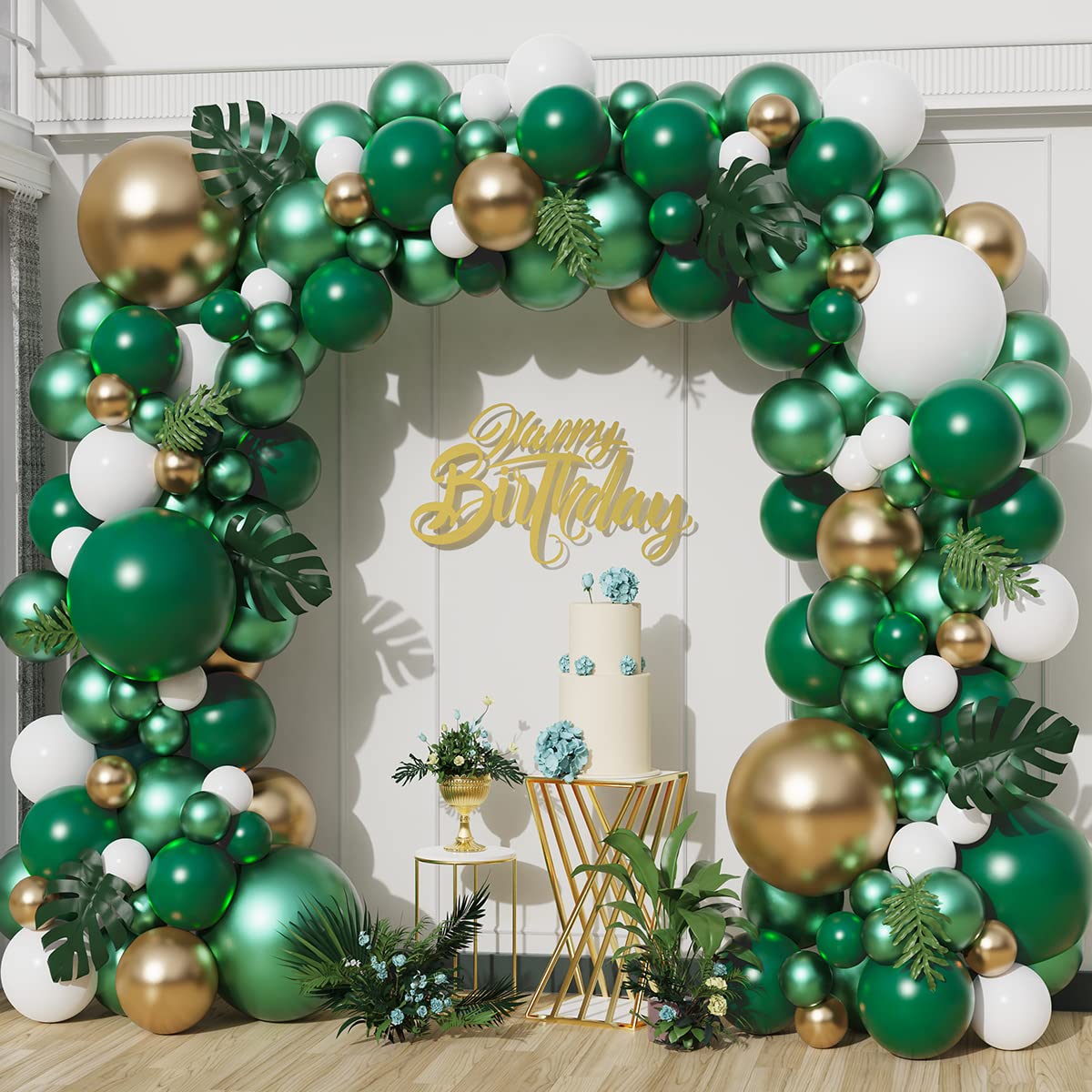 128Pcs Jungle Sarfari Balloon Garland Arch Kit, Double Stuffed Emerald Green Matellic Gold White Balloons With Artificial Palm L