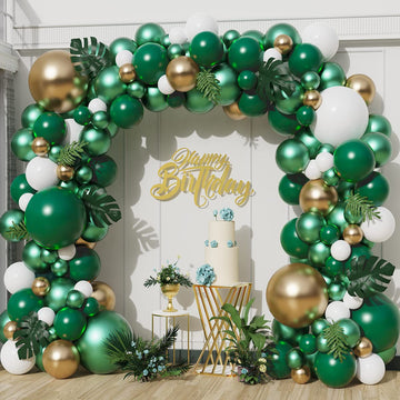 128Pcs Jungle Sarfari Balloon Garland Arch Kit, Double Stuffed Emerald Green Matellic Gold White Balloons With Artificial Palm L