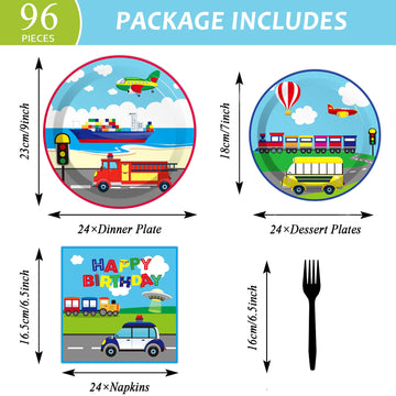 Gisgfim 96 Pcs Transportation Party Plates And Napkins Party Supplies Car Party Tableware Set Bus Train Plane Ship Traffic Light