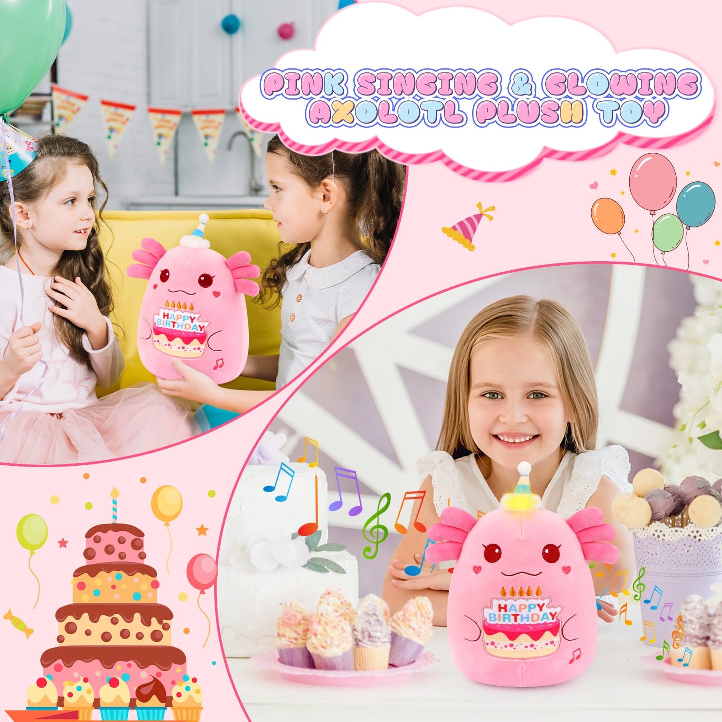 Prewplam Axolotl Plush Toy - 8" Pink Singing & Glowing Stuffed Animal, Birthday Gift for Kids, Model CGZ-SRRY-D