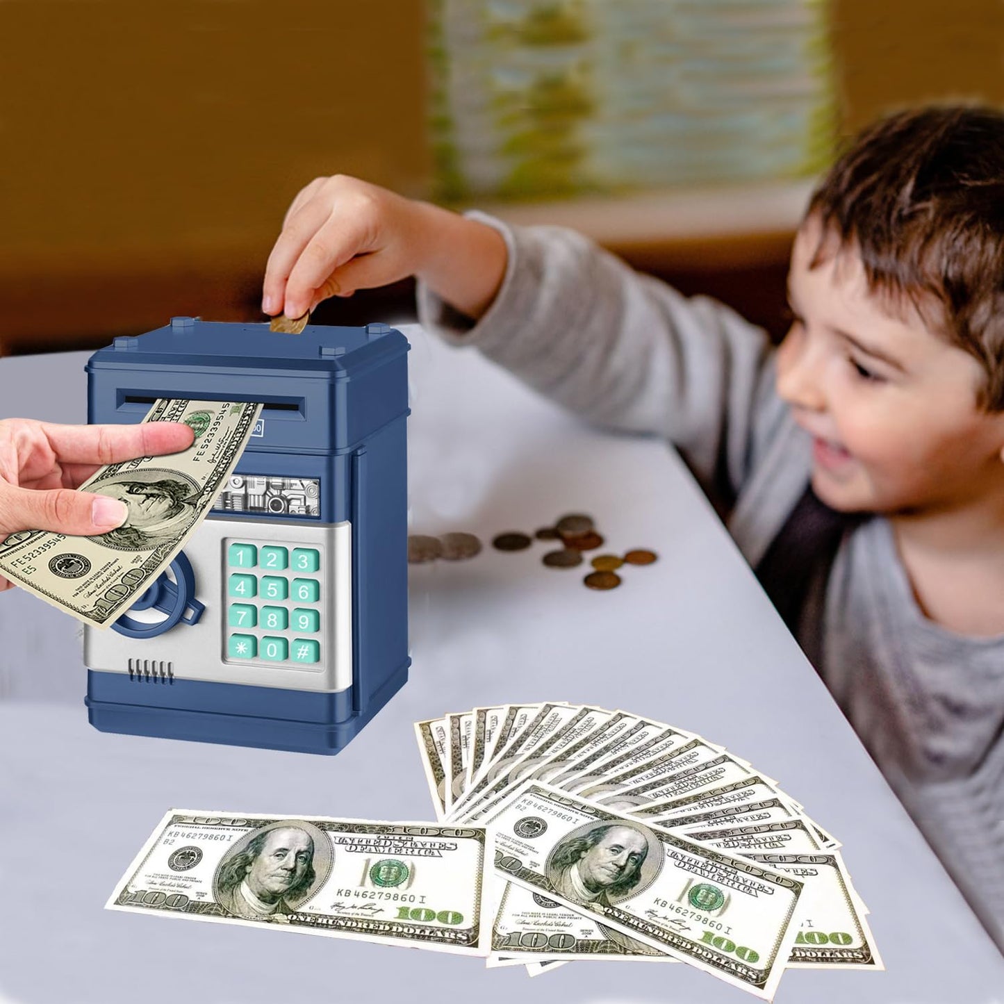 Renvdsa Cartoon Electronic Atm Password Piggy Bank Cash Coin Can Auto Scroll Paper Money Saving Box Gift For Kids (Navy Blue)
