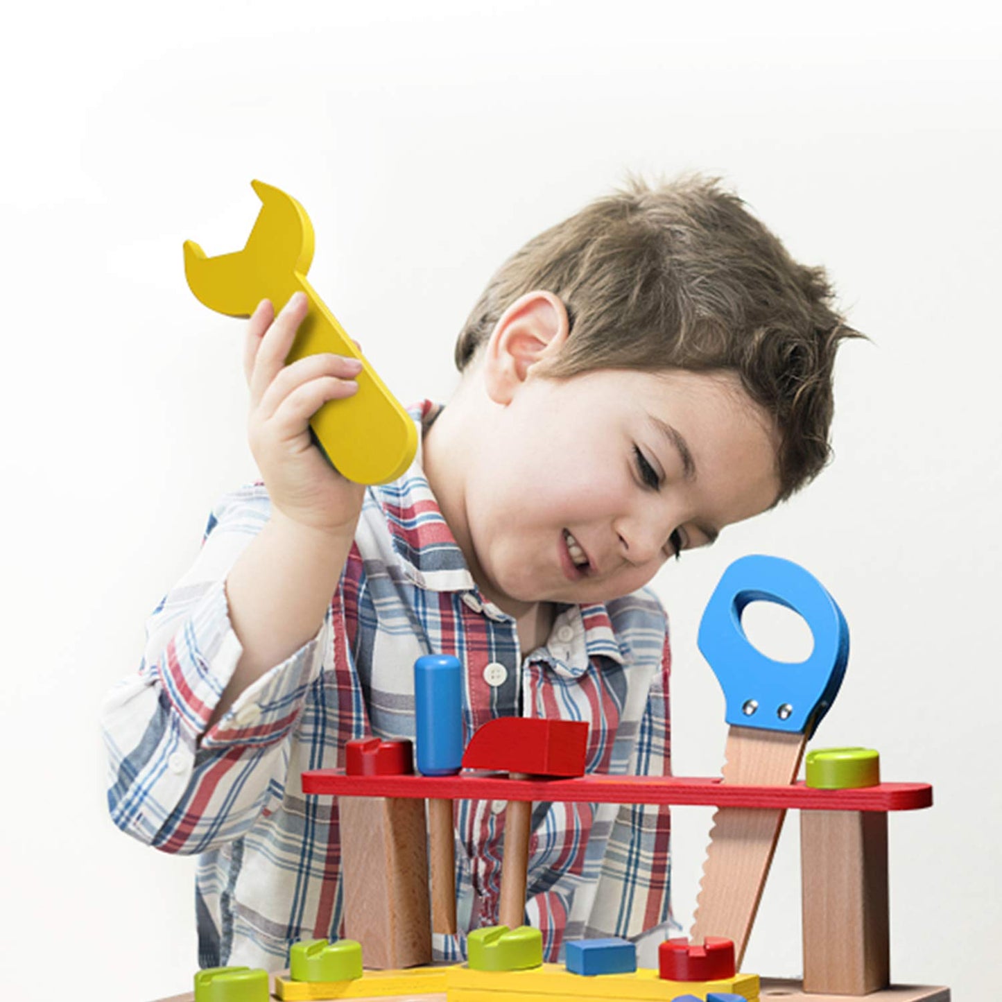 SainSmart Jr. Wooden Bench Wooden Workbench with Tools for Toddlers, Kids Creative Wooden Building Set Construction Toy for 3+ Y