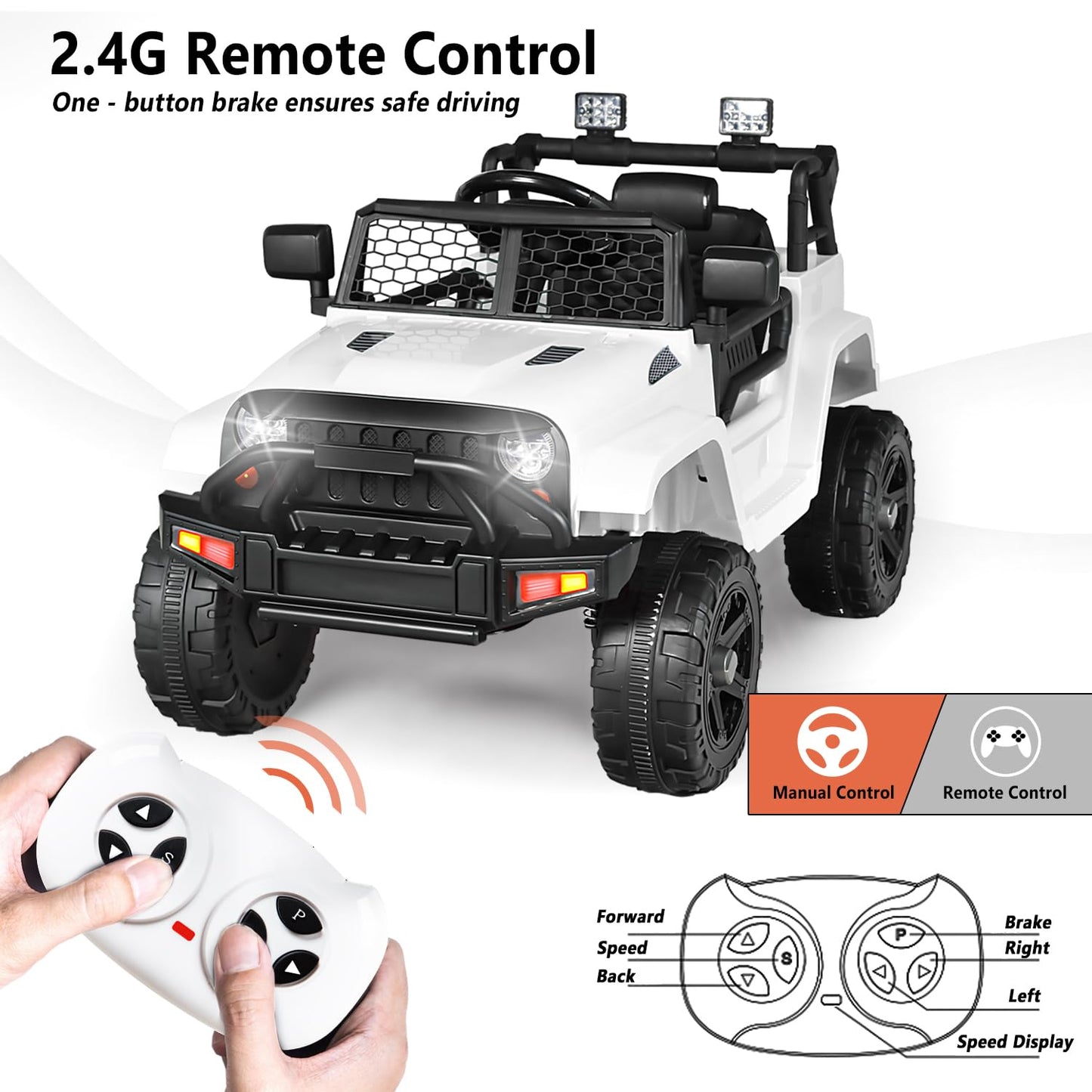 Kinder King 12V Kids Ride on Car Truck, Battery Powered Electric SUV w/ 2.4G Remote Control, Spring Suspension, 3 Speeds, 2 Moto