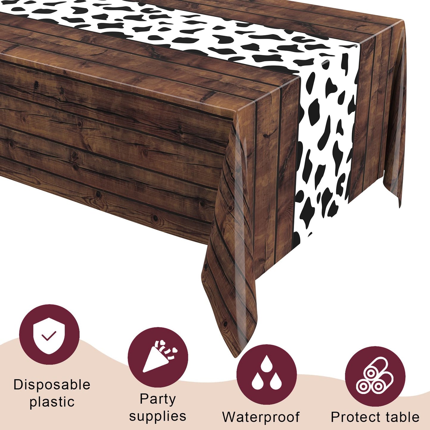 Remagr Cow Print Table Cloth 54 x 108 Inch, Dark Khaki Plastic, Model ZK-Remagr-2172, Perfect for Cowboy Cowgirl Party Decor