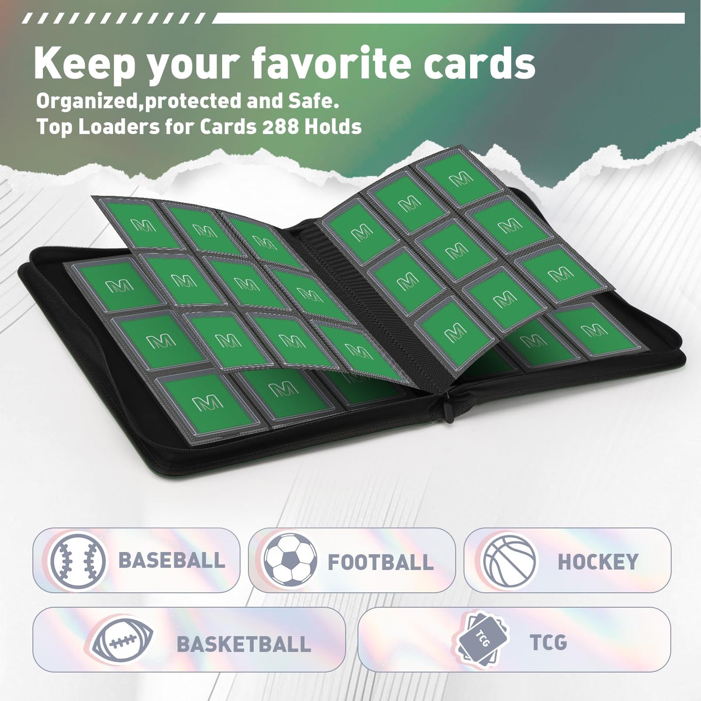 Toploader Binder Trading Card Binder Storage Hold up 288 Cards 9-Pocket Top Loader Binder with Sleeves for 3x4 Rigid Toploaders Hard Cases (9Deep Green)