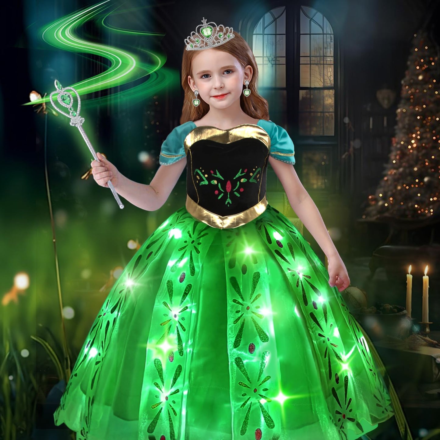 Acecharming Light Up Princess Dress Up Clothes for Girls 2-8 Years - LED Toddler Anna Costume Princess Dress with Accessories fo