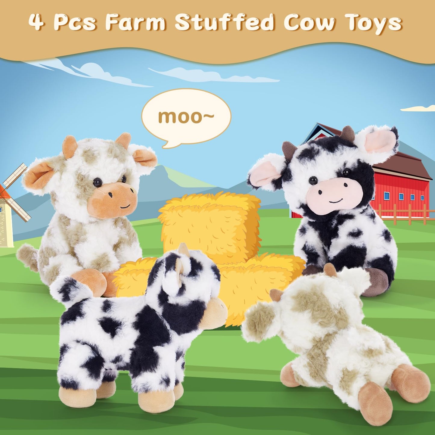 Muiteiur 4 Pcs Cow Stuffed Animals, 10 Inch Soft Cow Plush Toys, Cute Stuffed Cow Dolls For Kids Girls Boys,Gift For Christmas B