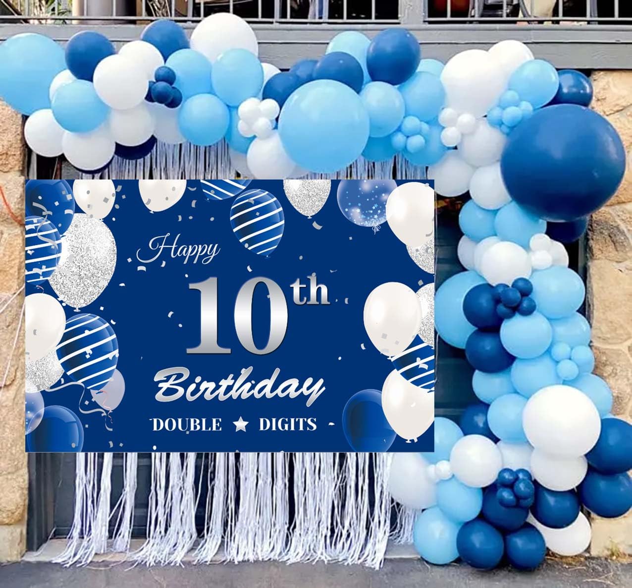 10Th Birthday Backdrop Banner, Double Digits 10Th Birthday Photography Background Blue Silver, Happy 10Th Birthday Decoration Fo