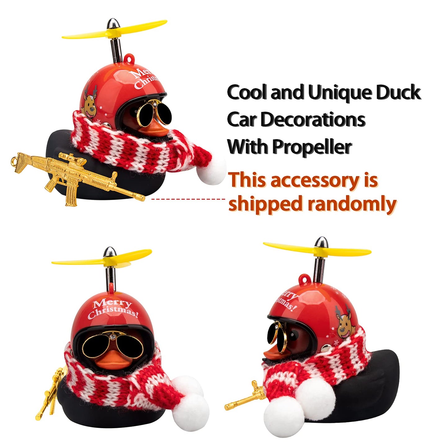 Wonuu Rubber Duck Car Ornaments Pink Duck Car Dashboard Decorations Set With Propeller Helmet, Sunglasses, And Gold Chain. (T-Christmas-Black)