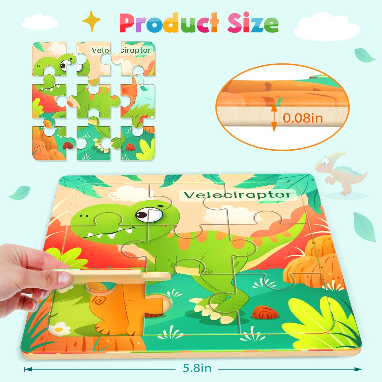 Zeoddler Wooden Puzzles For Toddlers, 8 Pack Dinosaur Jigsaw Puzzles For Kids3-5, 9 Pieces Preschool Learning Activities, Learning & Educational Puzzles, Gift For Boys, Girls