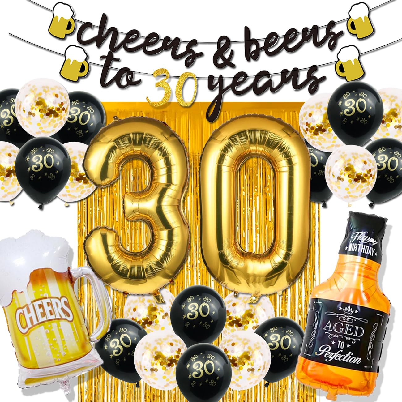 30Th Birthday Decorations For Him, 30 Birthday Decorations With 40 Inch Gold 30 Number Balloons, Cheers To 30 Years Banner,Fring