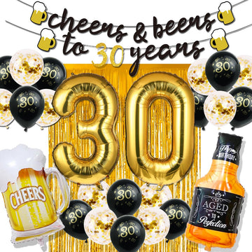 30Th Birthday Decorations For Him, 30 Birthday Decorations With 40 Inch Gold 30 Number Balloons, Cheers To 30 Years Banner,Fring
