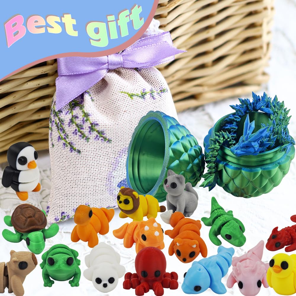 26PCS Mini 3D Printed Animal Figures Set and Dragon Eggs with 12In Dragon Inside  enhanced 3D Printed Fidget Toys for Kids  Fun Party Favors  Unique Collector 's Gift Set  Cute Desk Decor