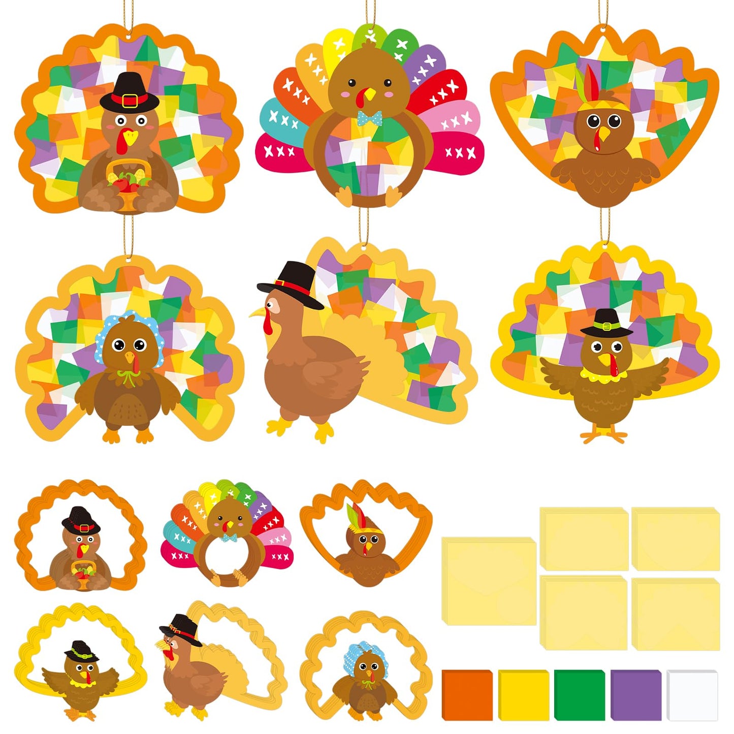 24 Sets Thanksgiving Tissue Sign Craft Kit Turkey Suncatcher Craft Fall Thanksgiving DIY Craft Ornament Decorations for Fun Home