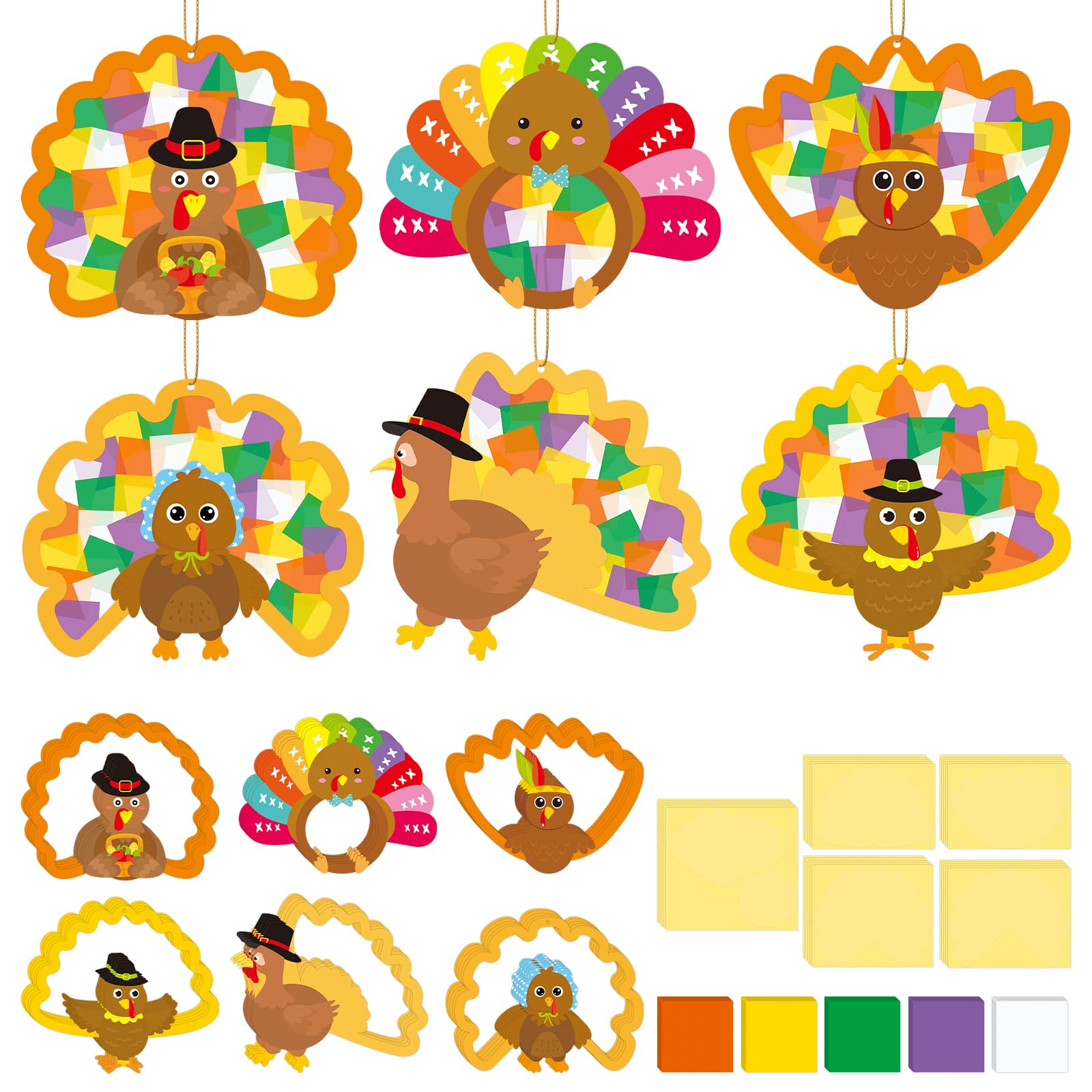 24 Sets Thanksgiving Tissue Sign Craft Kit Turkey Suncatcher Craft Fall Thanksgiving DIY Craft Ornament Decorations for Fun Home