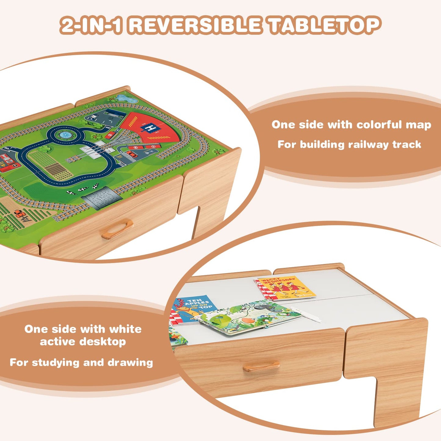 Honey Joy Train Table, Wooden Kids Activity Table With Storage, 100 Multicolor Pieces, Tracks, Trains, Cars, Toddler Train Table