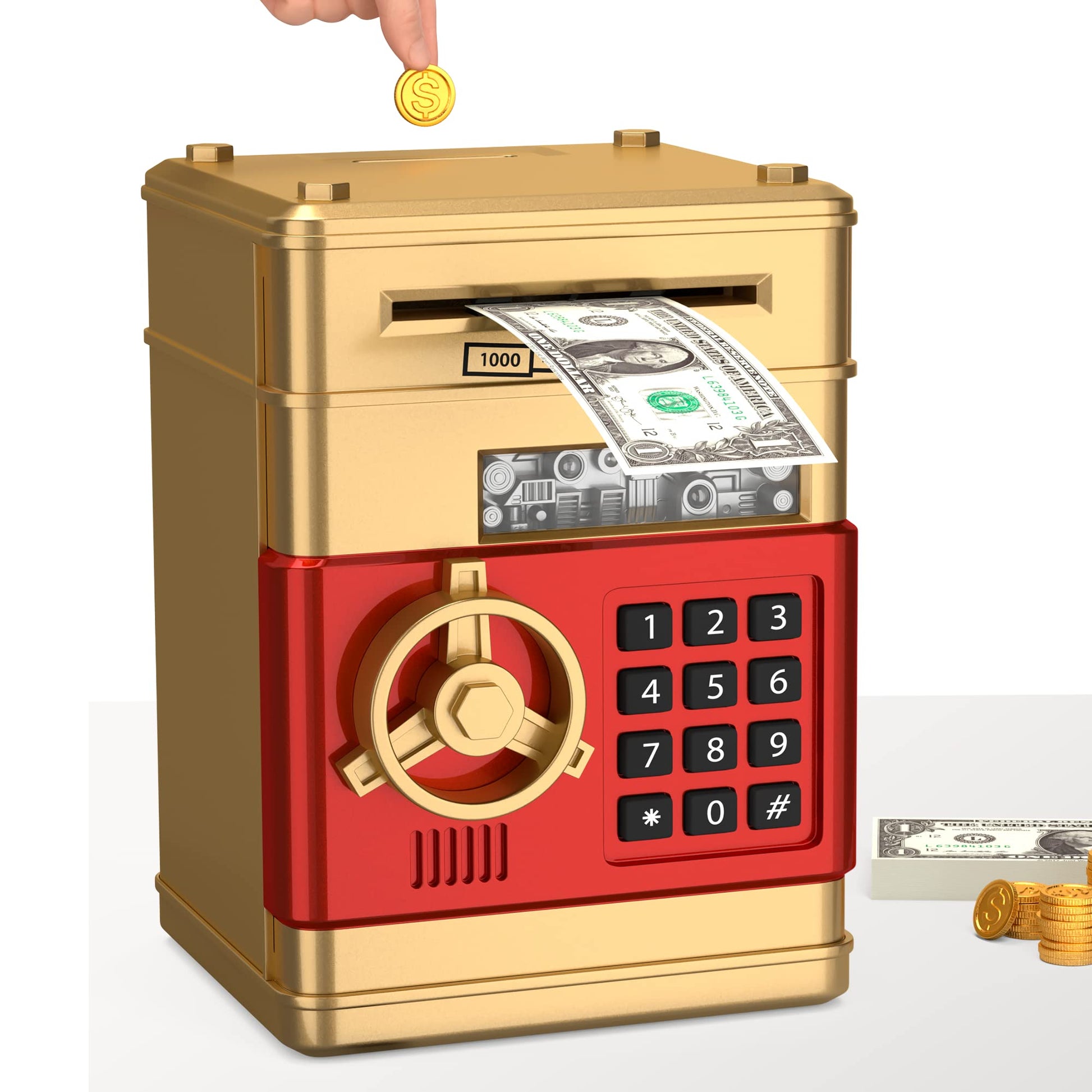 Atm Piggy Bank For Boys Girls, Electronic Money Bank With Password, Auto Scroll Paper Money Saving Box,Kids Safe Money Jar, Great Gift Toy Bank For Kids (Gold Red)