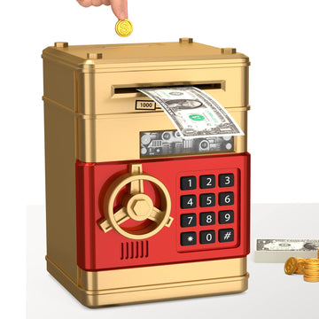 Atm Piggy Bank For Boys Girls, Electronic Money Bank With Password, Auto Scroll Paper Money Saving Box,Kids Safe Money Jar, Great Gift Toy Bank For Kids (Gold Red)