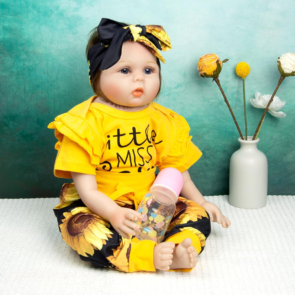 Medylove Reborn Dolls Baby Clothes Yellow Outfit For 20-22 Inch Reborn Baby Dolls 3 Piece Set Clothing With Sunflowers Patterns