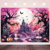 LDWLYW Pink Halloween Backdrop Banner Spooky Witch Birthday Party Background Halloween Haunted House Full Moon Decorations Backd