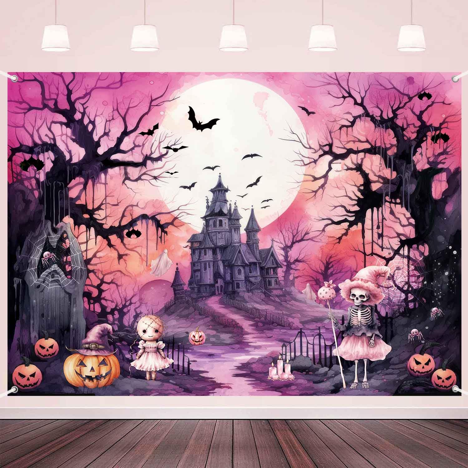 LDWLYW Pink Halloween Backdrop Banner Spooky Witch Birthday Party Background Halloween Haunted House Full Moon Decorations Backd