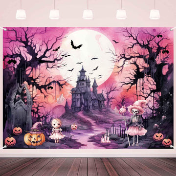 LDWLYW Pink Halloween Backdrop Banner Spooky Witch Birthday Party Background Halloween Haunted House Full Moon Decorations Backd
