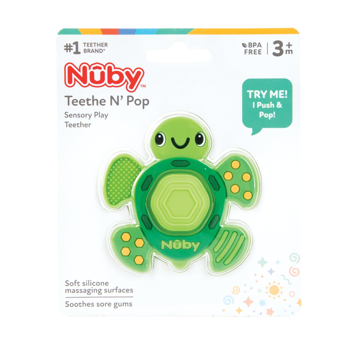 Nuby Teethe N Pop Sensory Play Teether - Baby Teething Toy - 3+ Months - Turtle