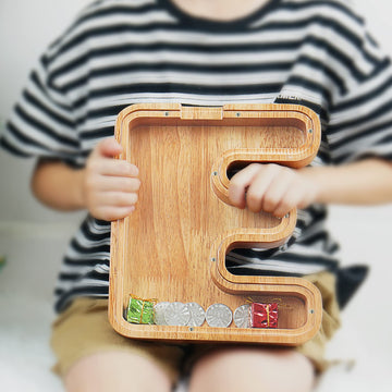 Piggy Bank For Kids Boys Girls, Large Personalized Wooden Letter Piggy Bank With Cut-Out Design, Alphabet Letter Coin Banks, Money Savings Box, Wooden Bank For Kids Creative Gift For Real-Money(E)