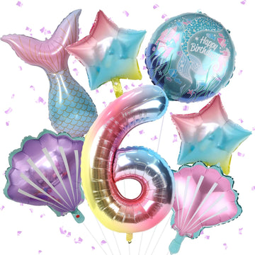 Mermaid 6Th Birthday Decorations, 8Pcs Mermaid Party Decorations Balloons, 40 Inch Rainbow Number 6 Balloon, Large Helium Foil Mermaid Tail Balloon, Seashell Balloons For Girls' 6Th Birthday Party