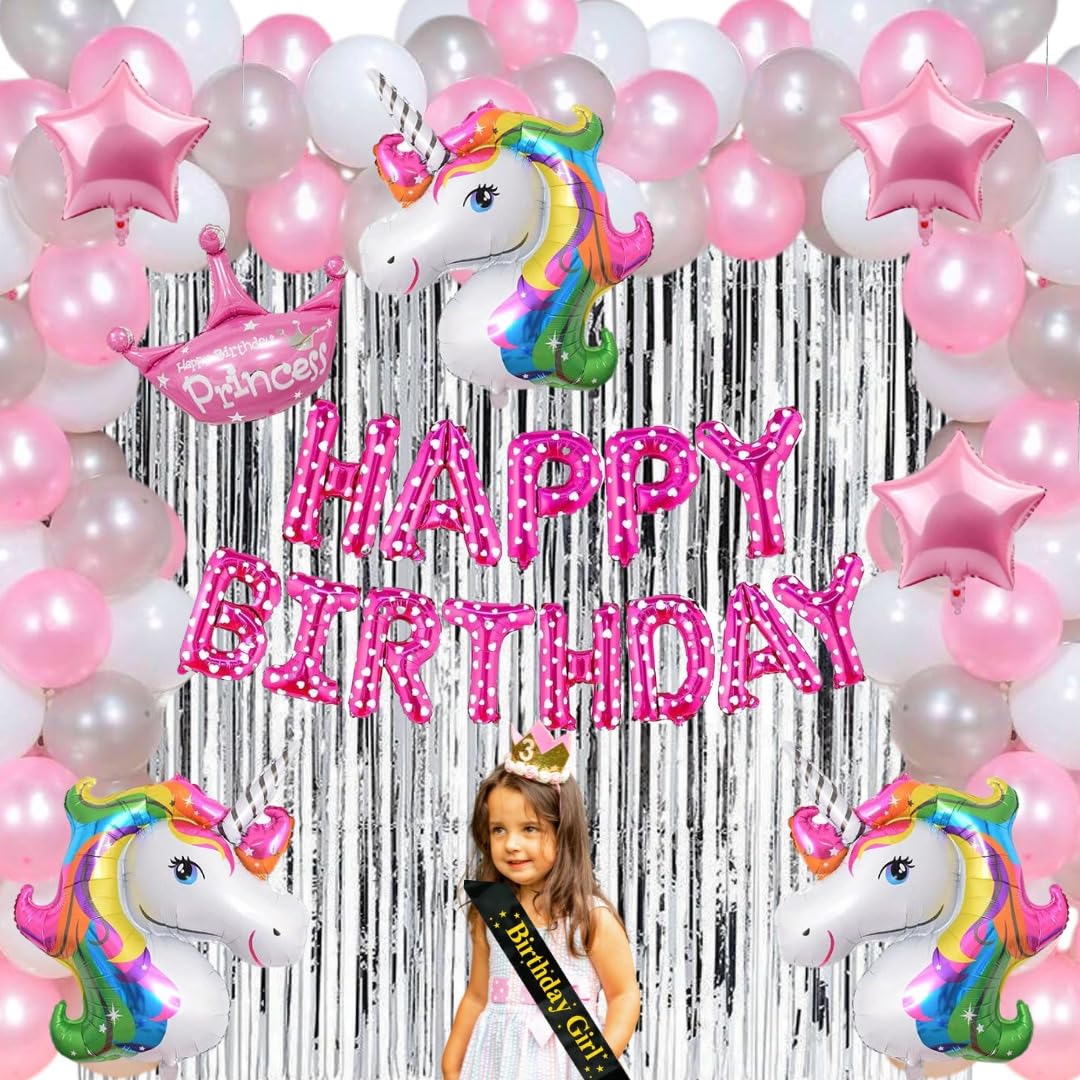 Hk Balloons Pack Of 73 Pcs Unicorn Themed Birthday Decorations Items Combo Set Kit With Happy Birthday Foil Banner ,Unicorn Foil