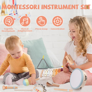 Toddler Musical Instruments Set - Montessori Toys Wooden Percussion Baby Drum Xylophone Maracas Set, Sensory Toys For 18 Month O