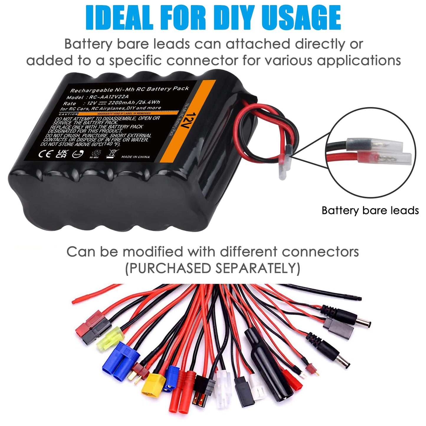 Tectra 12V RC Battery with Bare Leads, 2200mAh High Capacity Ni-MH 10 Cells Rechargeable Battery Pack for RC Car, RC Boat, RC Ro