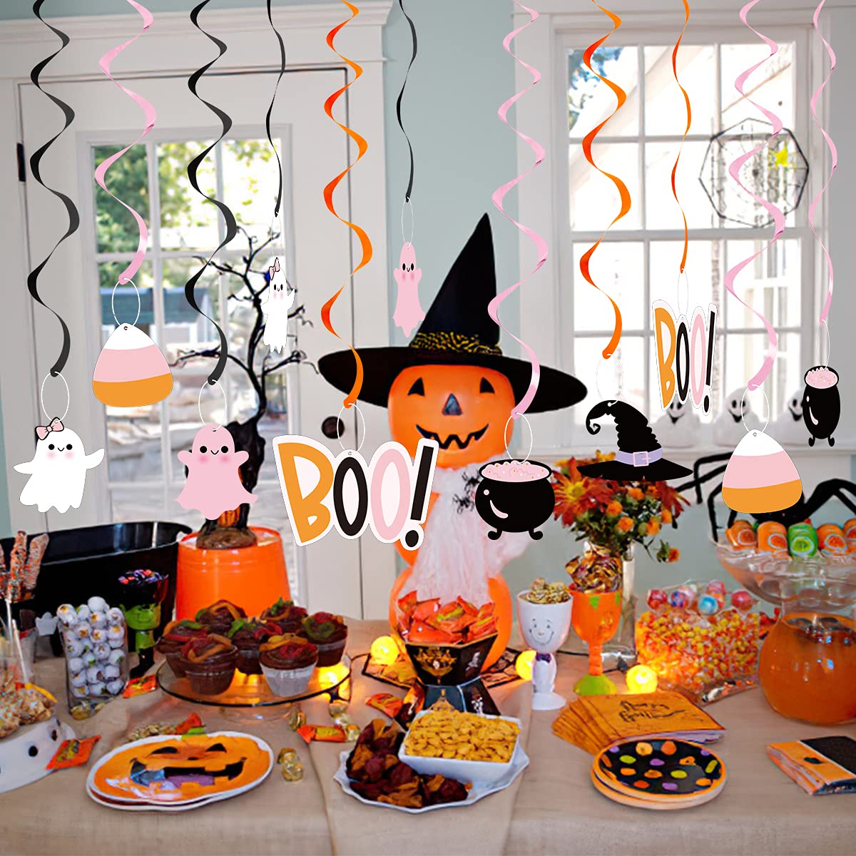 20Pcs Halloween Party Hanging Swirl,Cute Pink Ghost Sugar Bat Boo Ceiling Hanging Streamers for Halloween Baby Shower,Kids Hallo