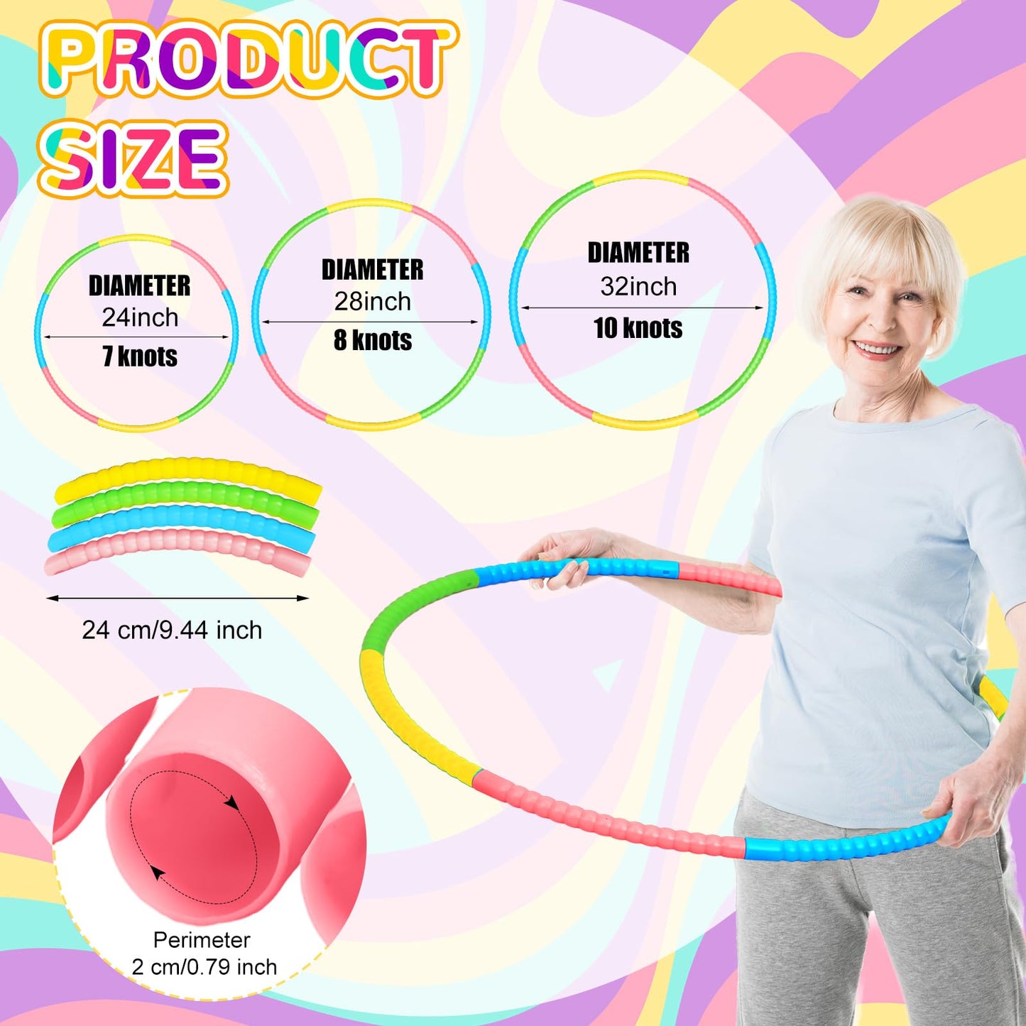 Syhood 12 Pcs Toy Color Hoop Plastic Detachable Adjustable Hoop Light Weight Exercise Hoop Fitness Hoop Equipment Toy Waist Ring for mature-themed Party Game Dance  3 Sizes(Green  Pink  Yellow  Blue)
