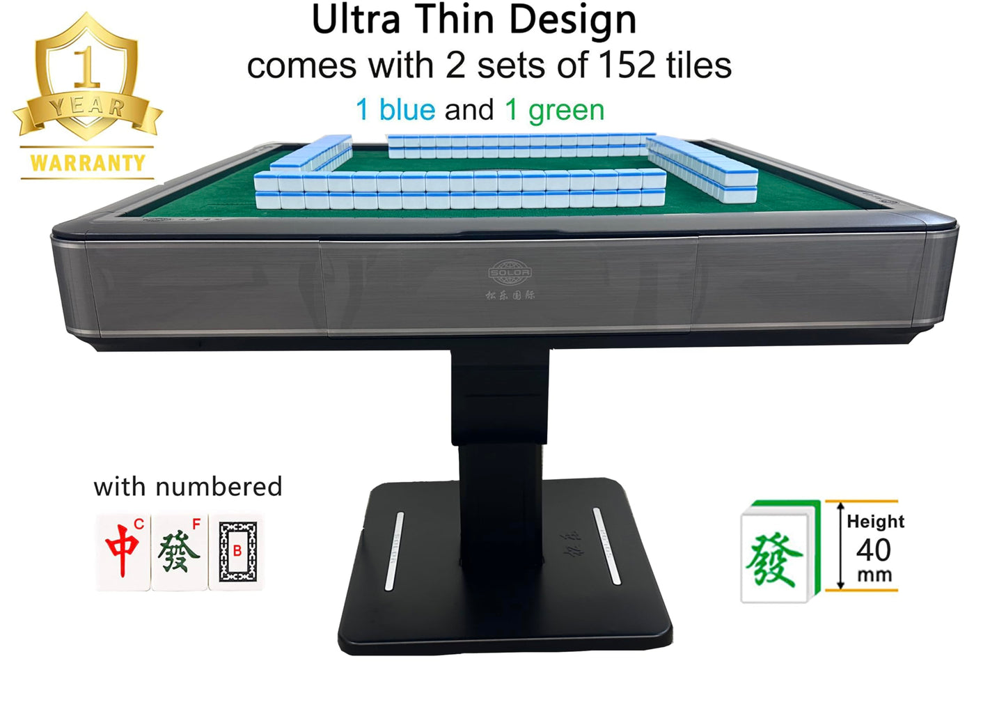 Gray Ultra-Thin Folding Automatic Mahjong Table 40Mm American Mahjong Numbered Tiles Foldable Style + 4 Racks+ Hard Tabletop Cov